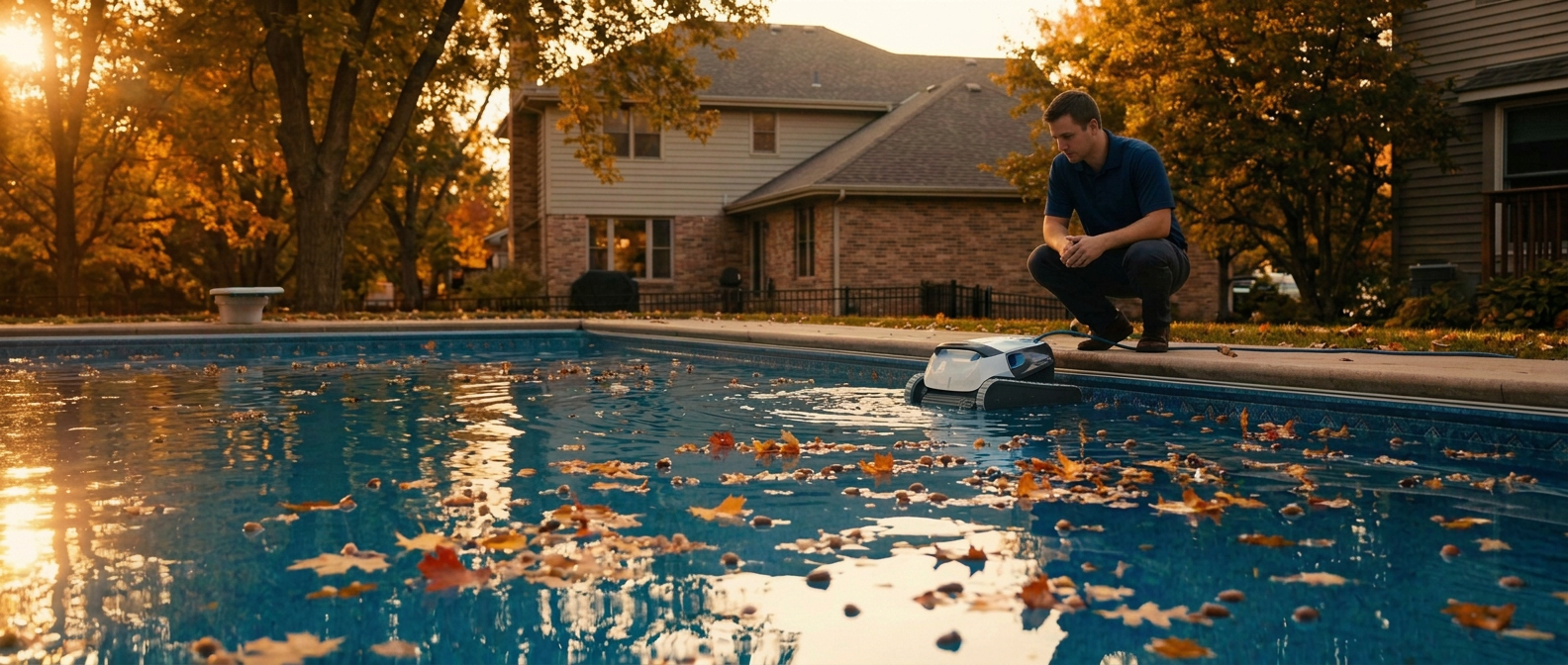 Robot pool cleaner working through fallen leaves on a Minnesota backyard pool