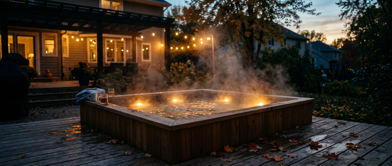 Steaming hot tub in a Minnesota backyard at dusk in early fall