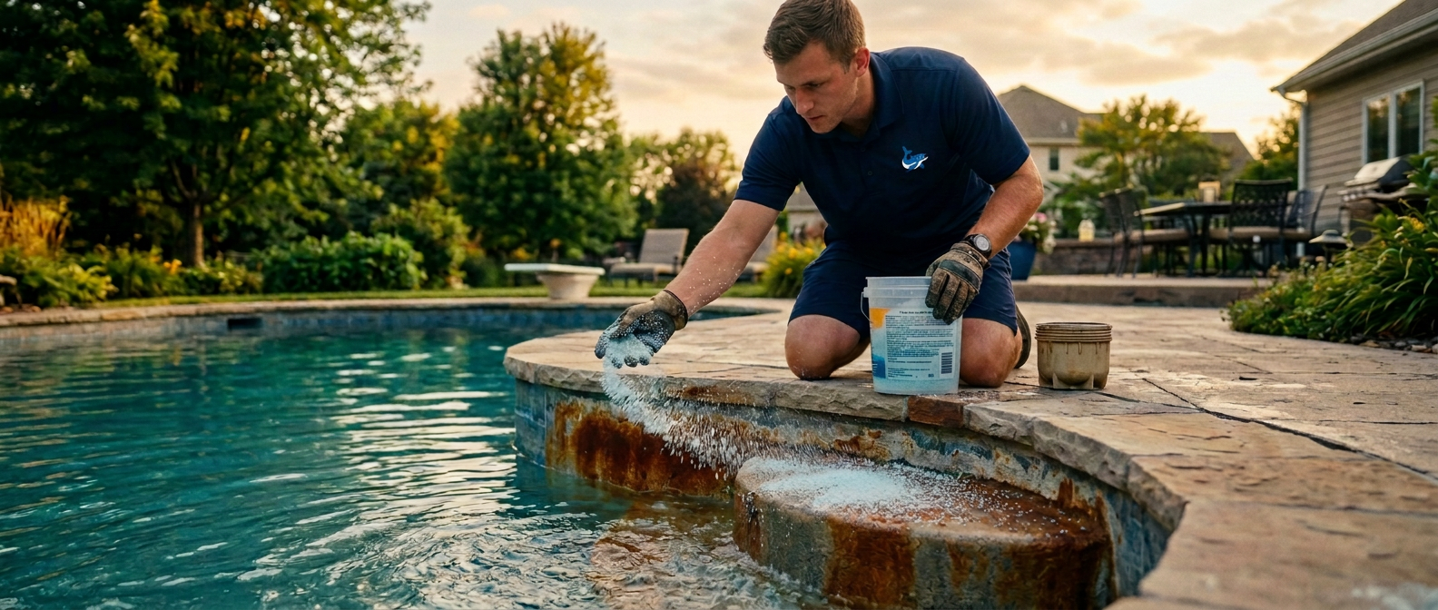 Pool technician treating rust stains on pool wall