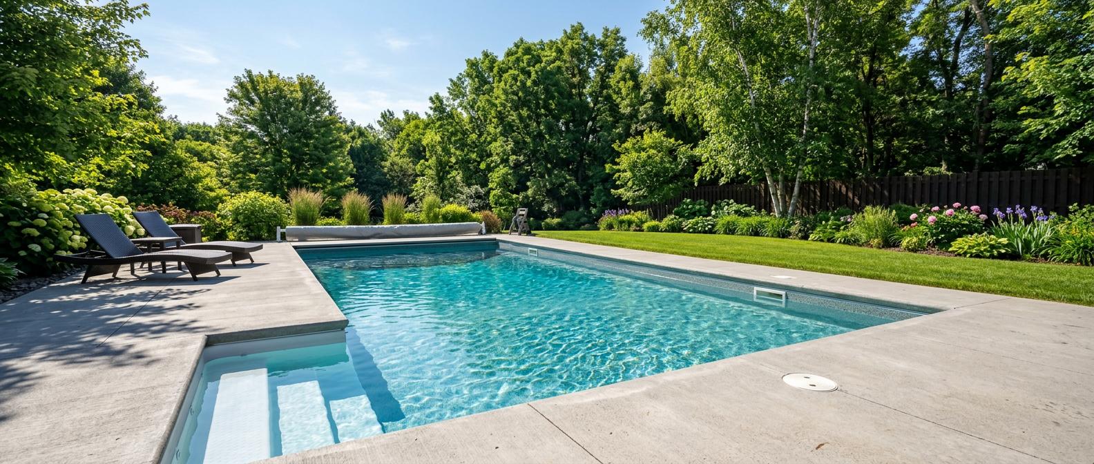 Clear blue backyard pool in Plymouth, Minnesota at the start of summer swimming season