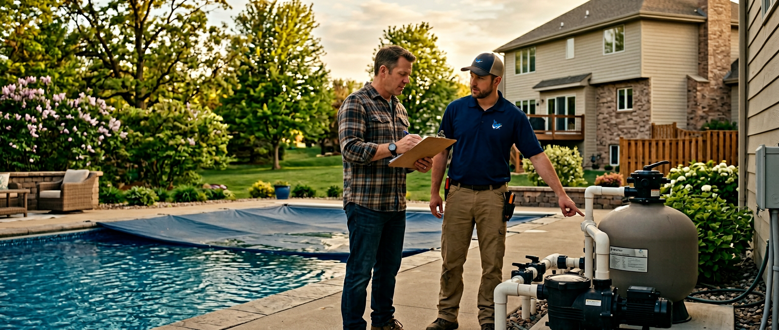 Homeowner opening their pool in a Minnesota backyard