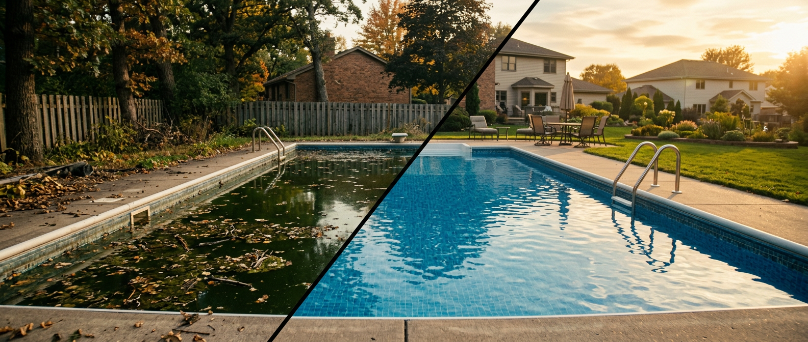 Pool covered in leaves and debris after a Minnesota winter