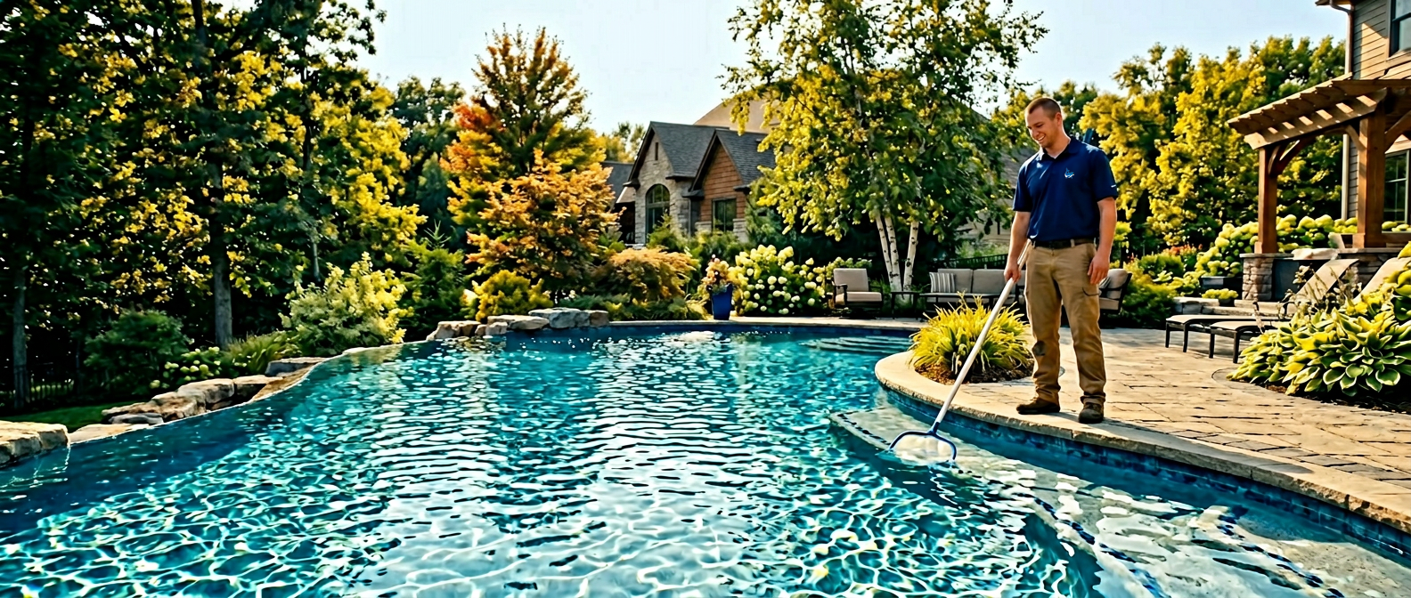 Crystal clear sparkling pool in a Minnesota backyard