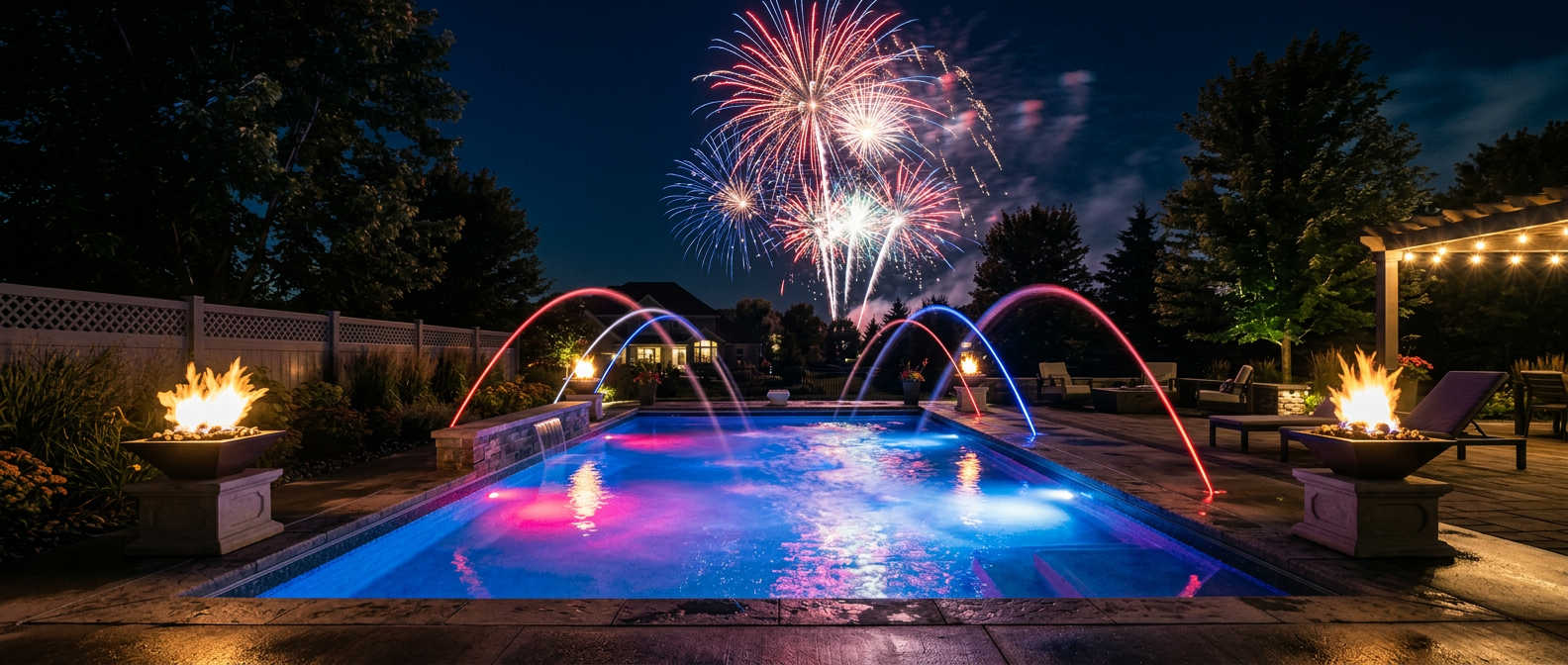 Beautifully landscaped backyard pool with LED lighting at dusk — Plymouth Minnesota