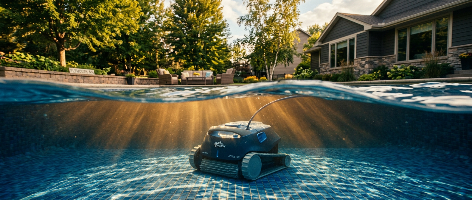 Automatic pool cleaner at work on the floor of a backyard pool in Minnesota