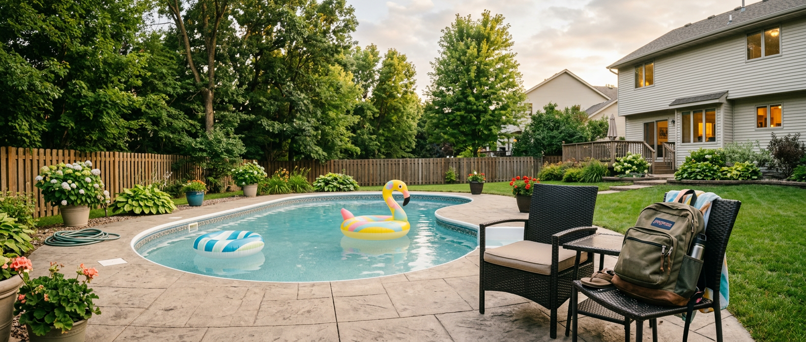 Backyard pool in Plymouth, Minnesota during golden hour, quiet late-summer evening