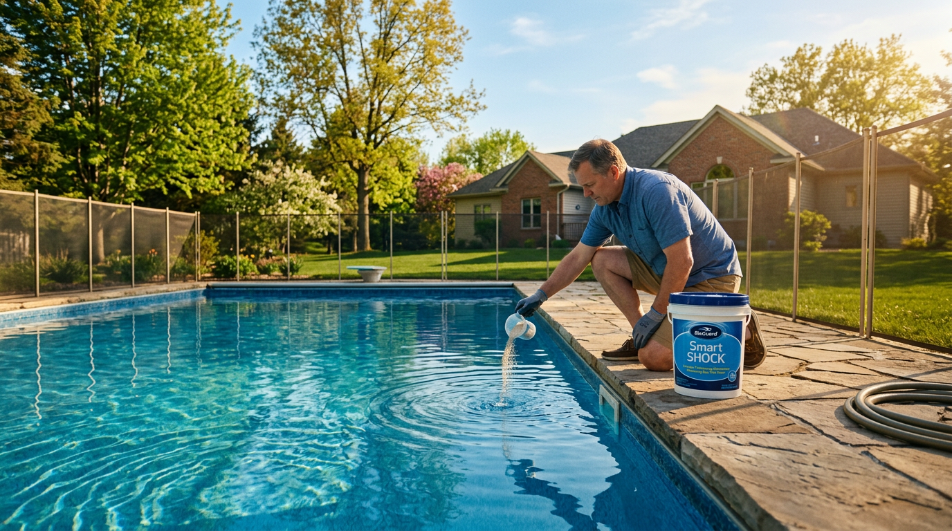 Pool owner adding chemicals to a sparkling backyard pool on a sunny Minnesota spring afternoon