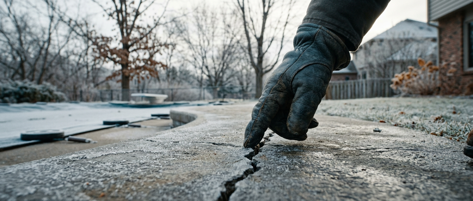 Checking pool coping for cracks after a Minnesota winter