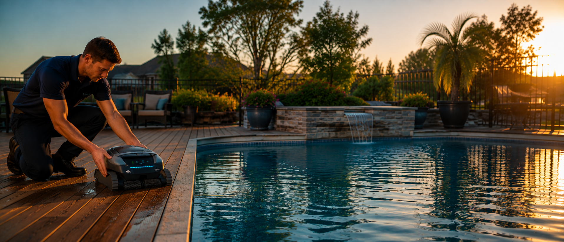 Cordless robot pool cleaner working in a backyard pool