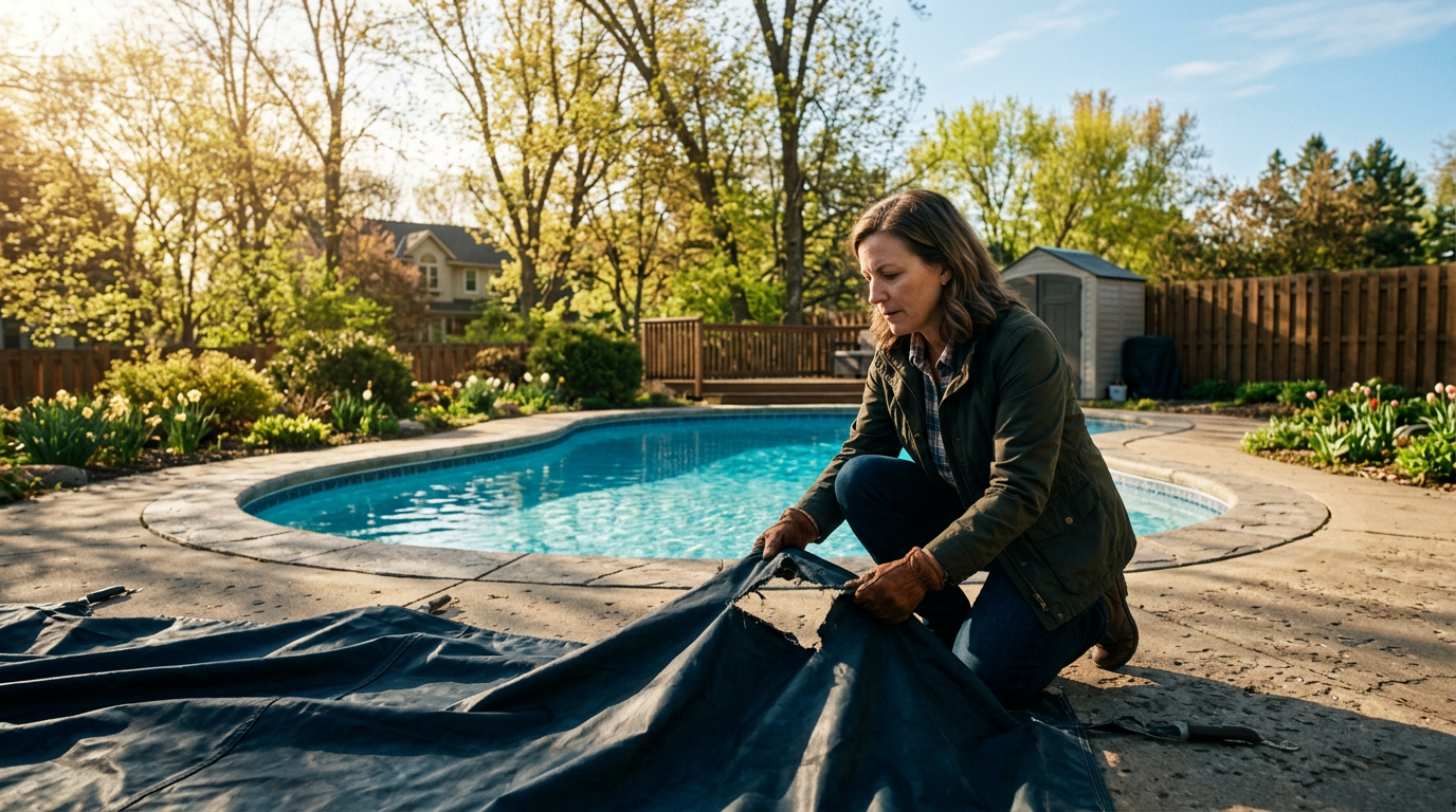 Pool owner inspecting a damaged pool cover in a Minnesota backyard in spring