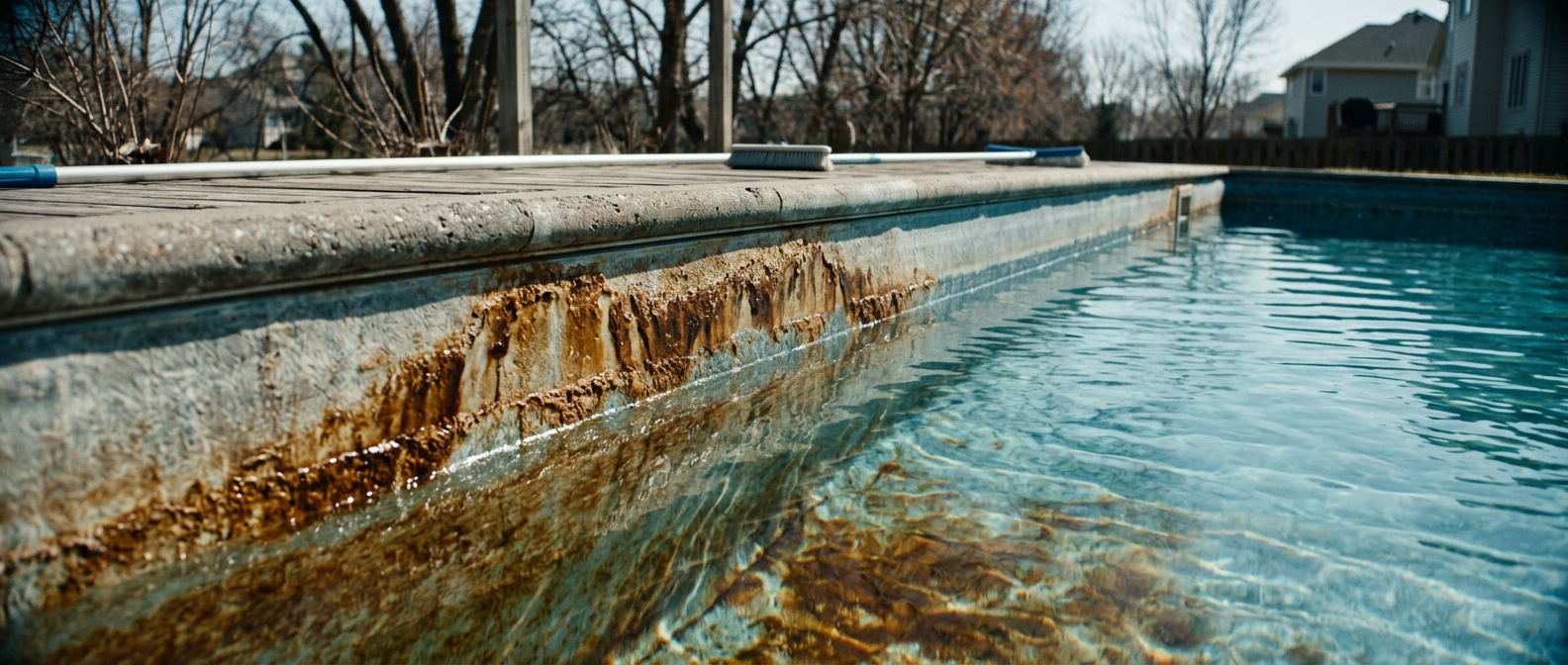 Pool staining on liner and walls after a Minnesota winter