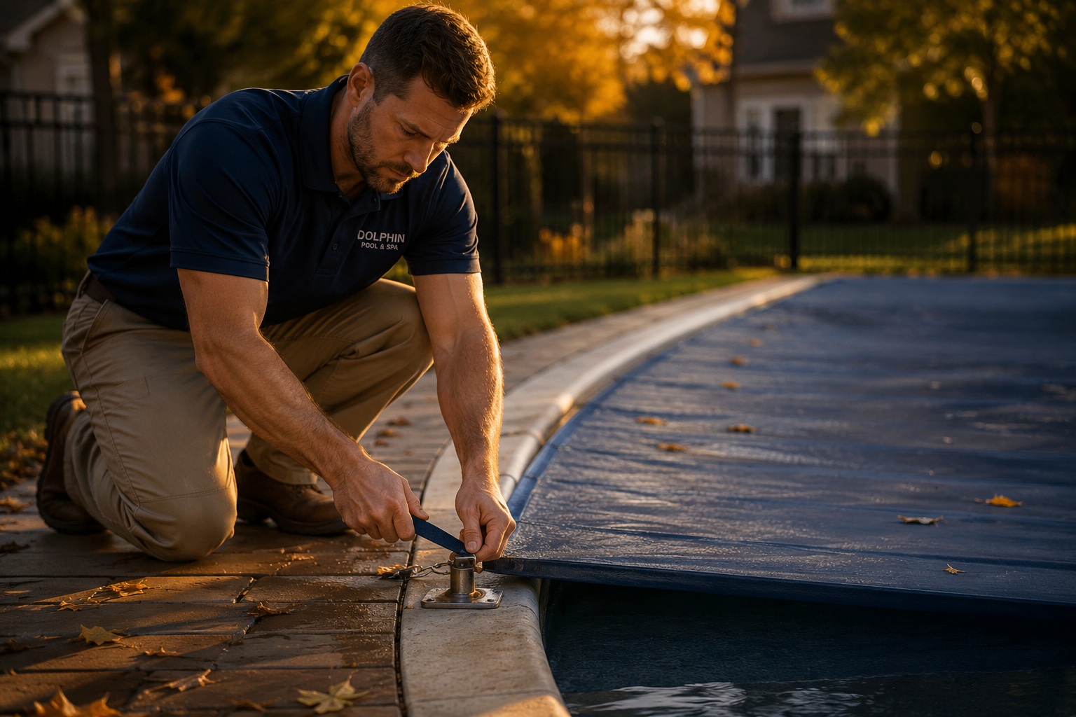 Pool owner closing an in-ground pool in a Minnesota backyard