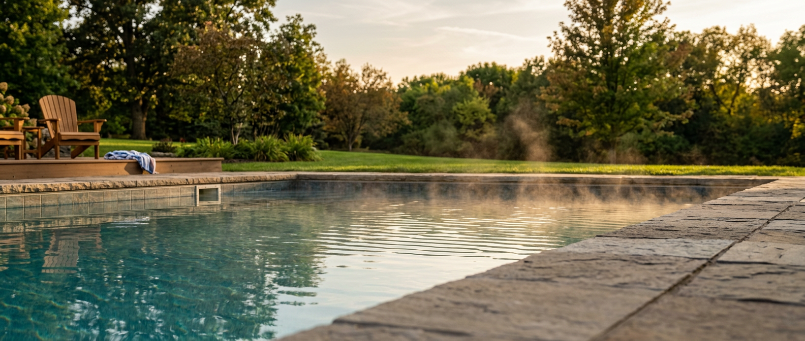 Evaporation shimmer rising off a backyard pool at golden hour