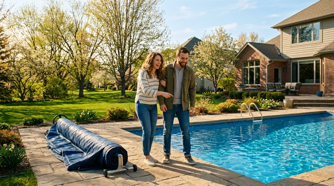 Excited first-time pool owners looking at their backyard pool on a sunny Minnesota spring day