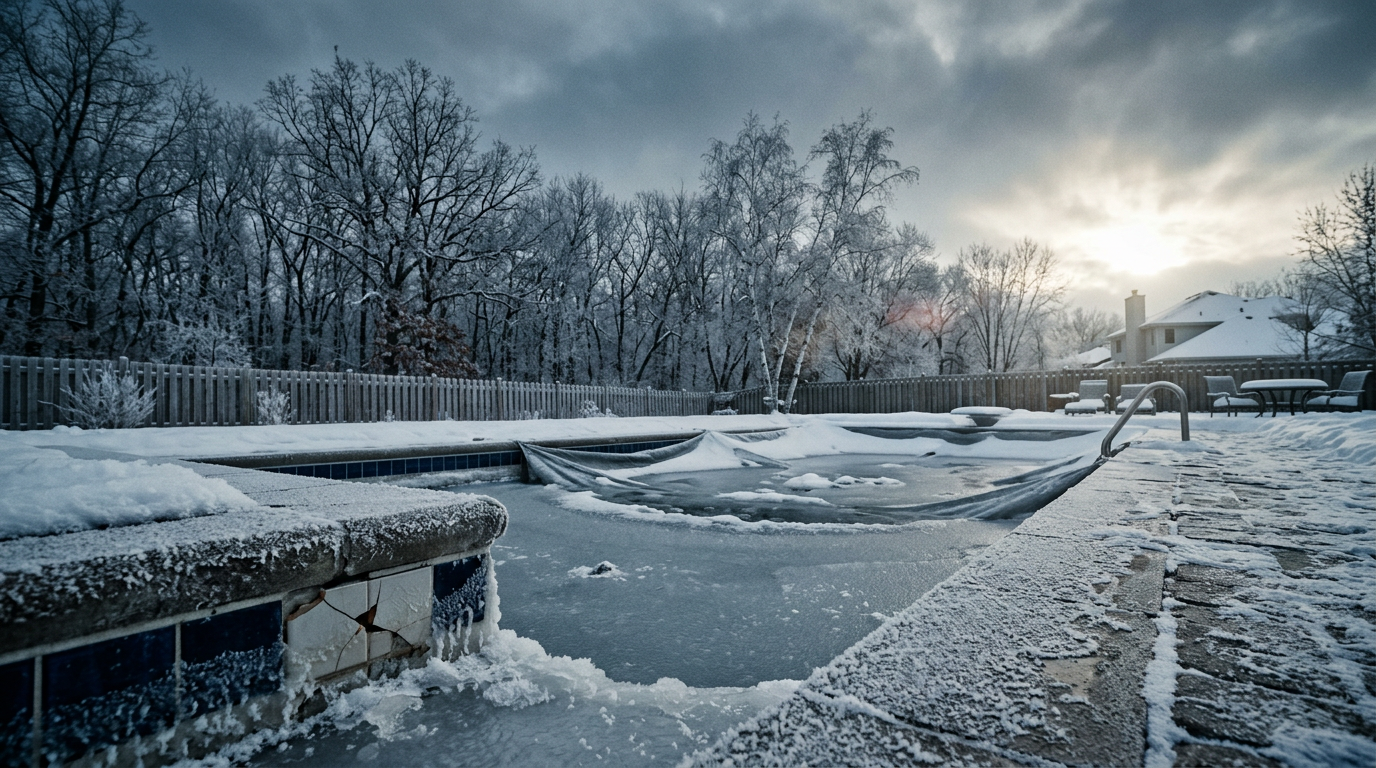 Ice forming around a Minnesota pool edge in winter