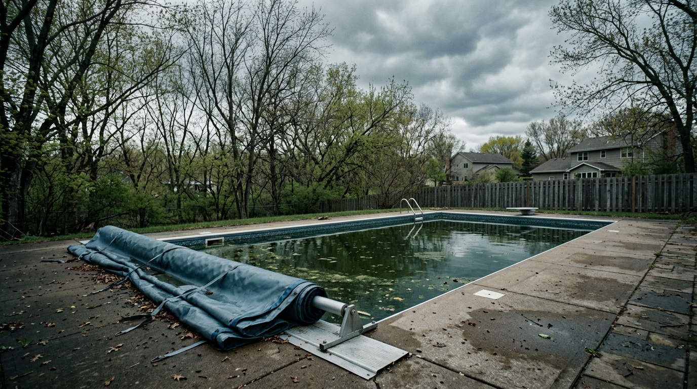 Green pool water in a Minnesota backyard pool at spring opening
