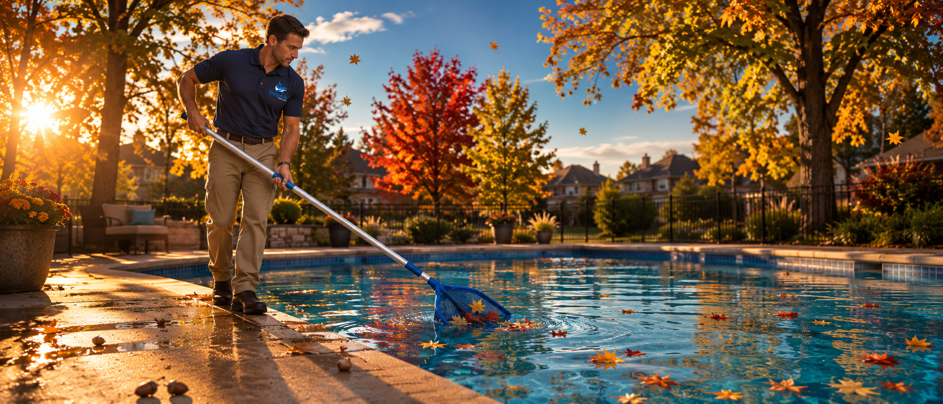 Fallen leaves and acorns on a backyard pool deck in Minnesota