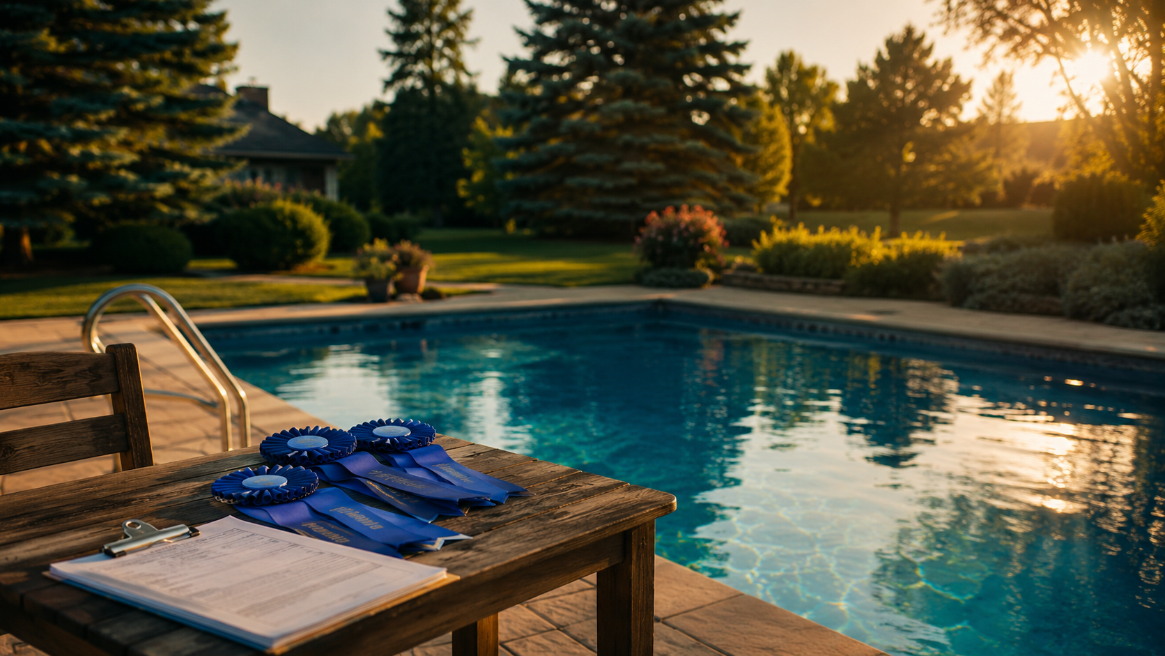 A judge's table set up poolside in Minnesota with blue ribbons, evoking the state fair