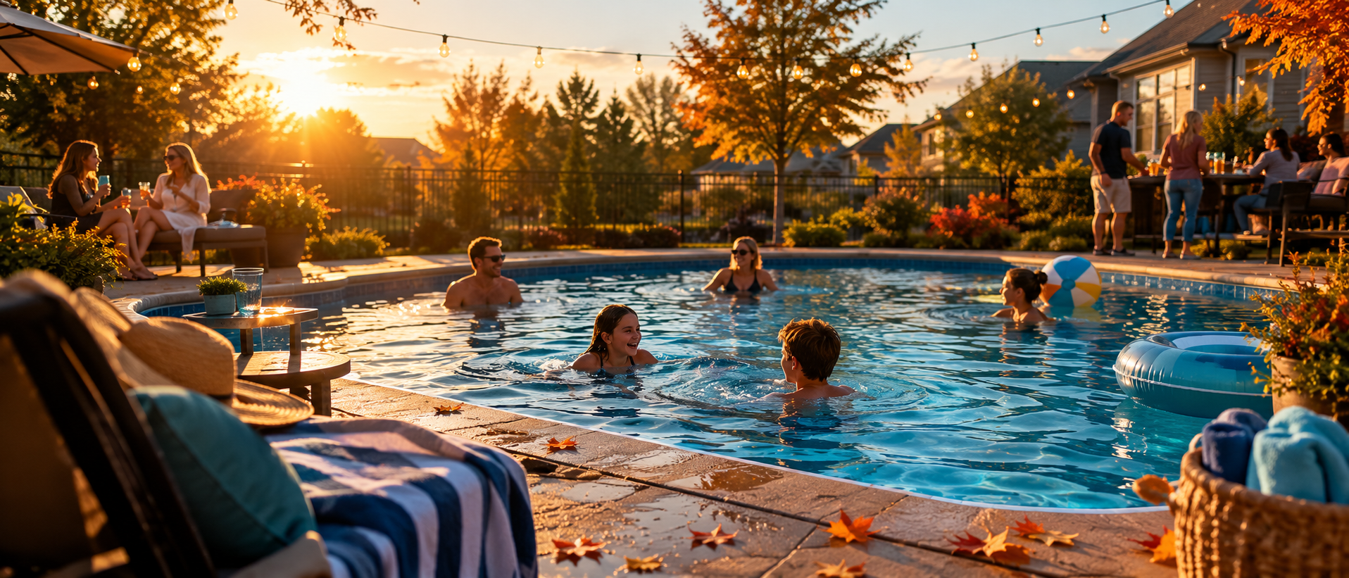 Backyard pool party in fall light