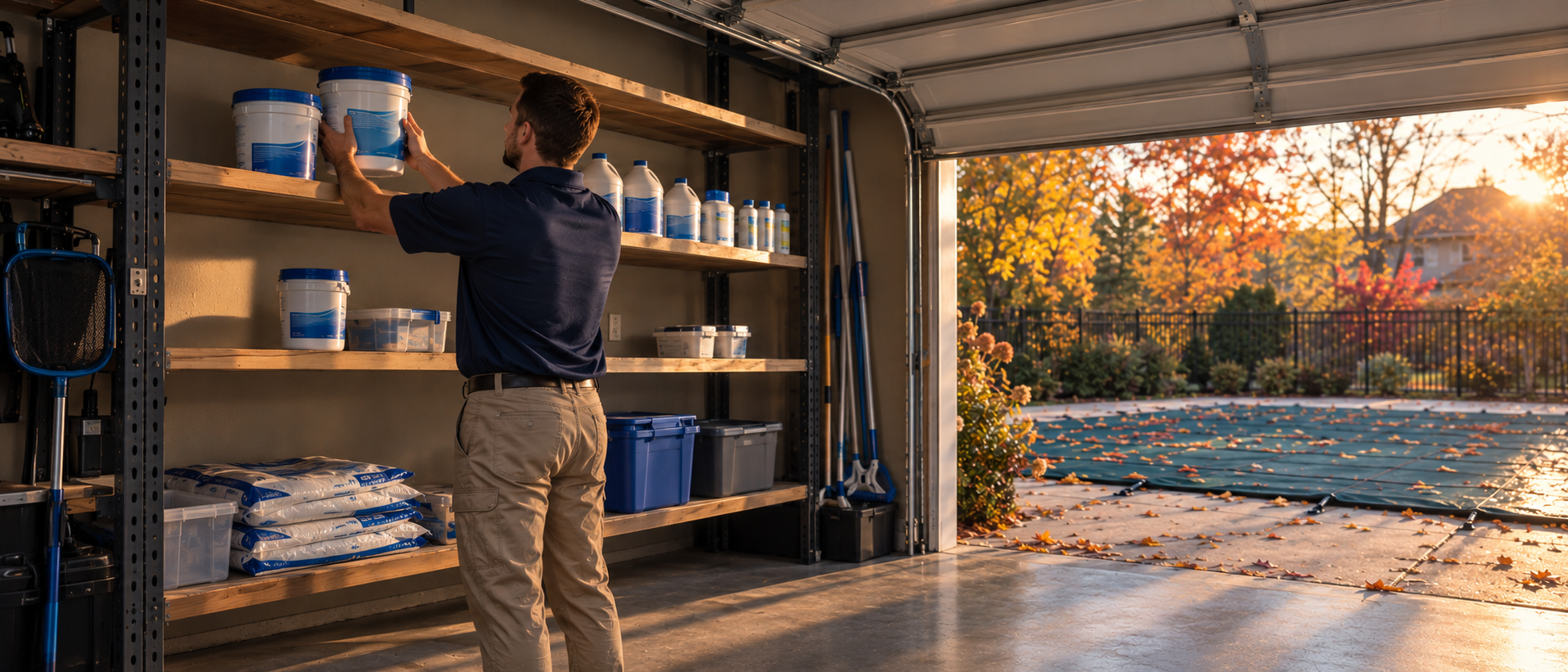 Pool chemicals stored on a high shelf in a tidy Minnesota garage in autumn