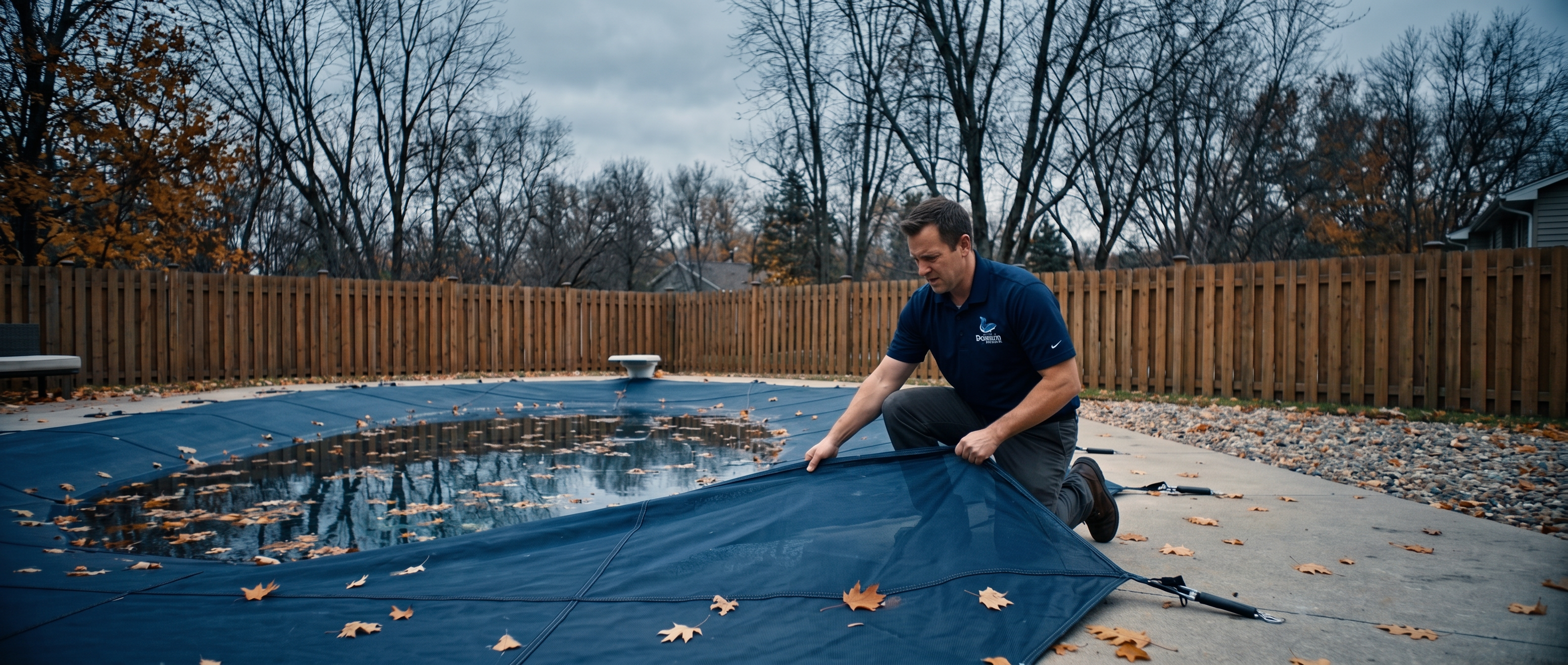 Pool technician closing a residential pool in Minnesota for winter