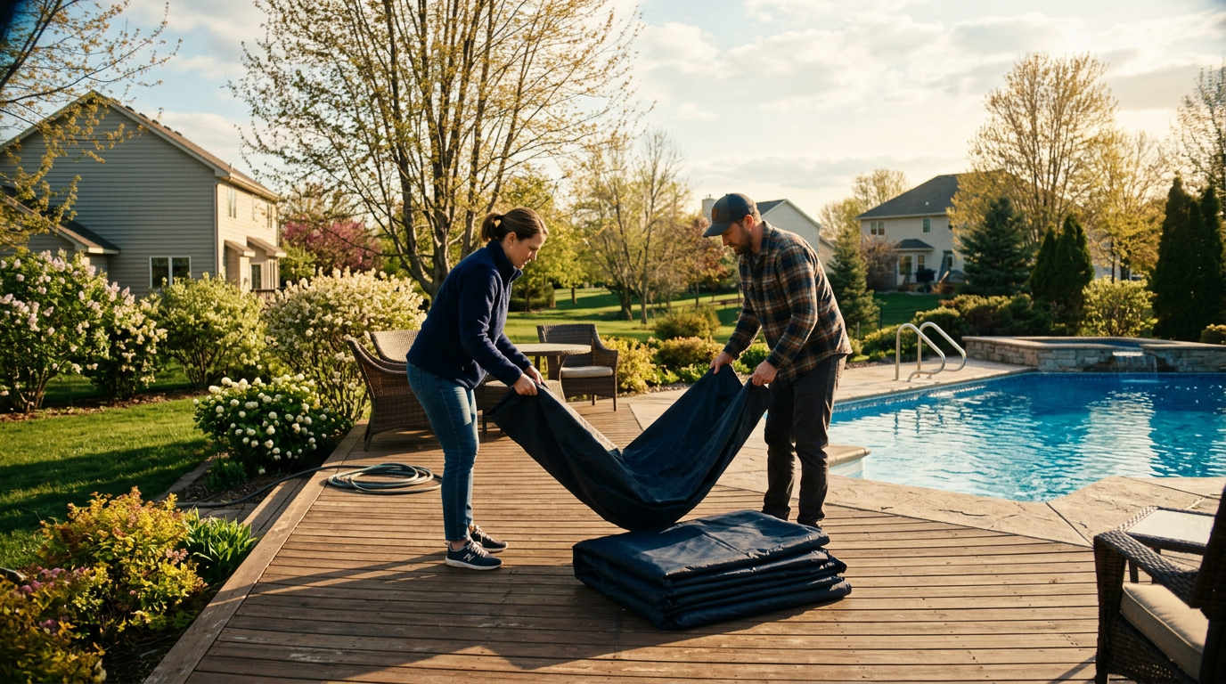 Two people carefully removing and folding a pool cover in a Minnesota backyard in spring