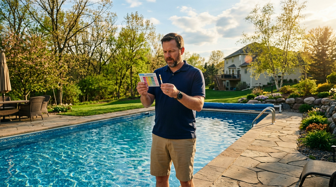 Pool owner testing water chemistry beside a sparkling Minnesota backyard pool in spring