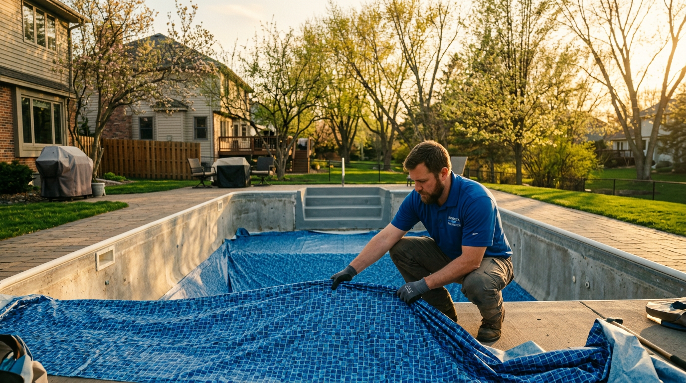 Pool technician installing a new vinyl liner in a Minnesota backyard pool