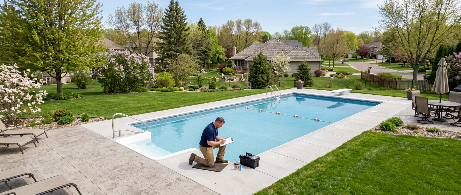 Pool technician conducting a spring safety inspection at a backyard pool in Plymouth, Minnesota