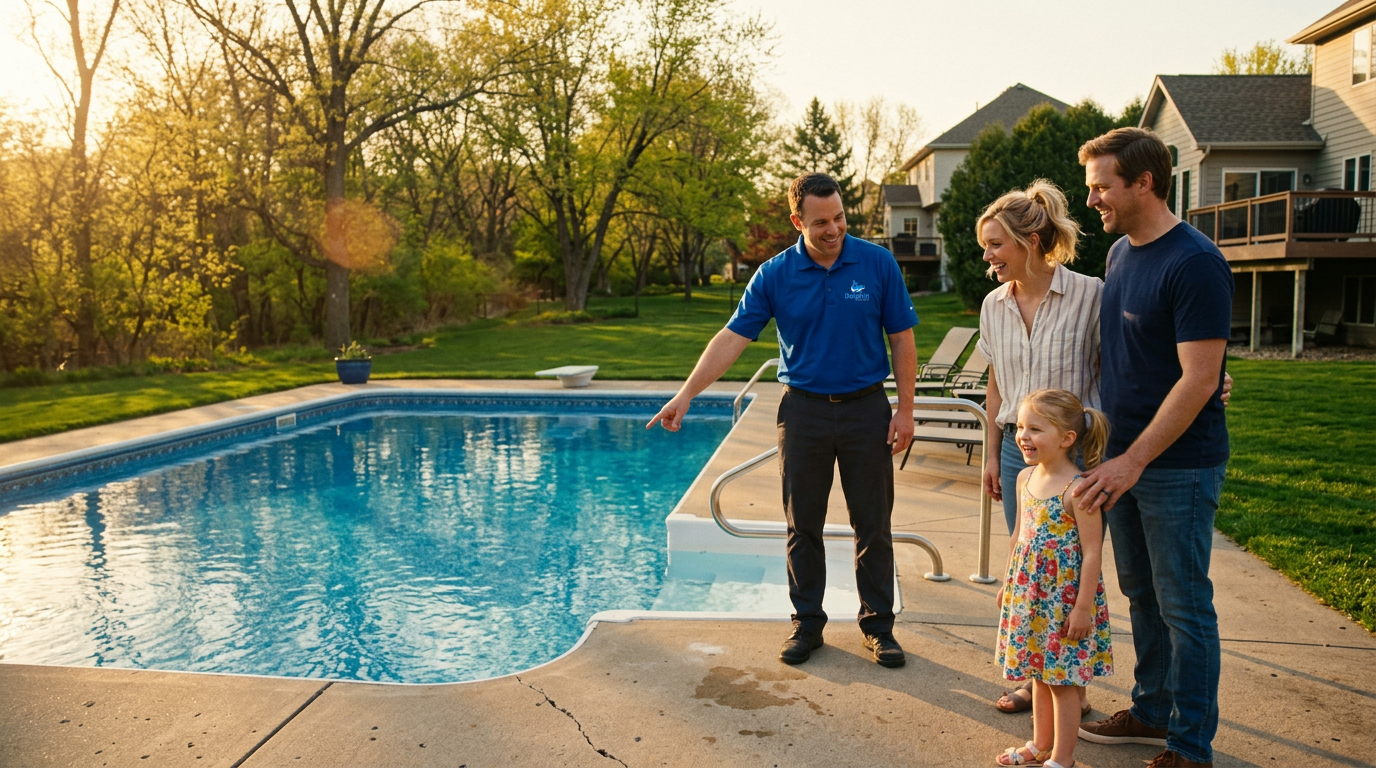 Minnesota backyard pool in late April with spring trees budding